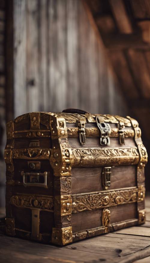 A still-life image of a rustic, vintage brown trunk with intricate golden embellishments sitting at the corner of a wooden attic.
