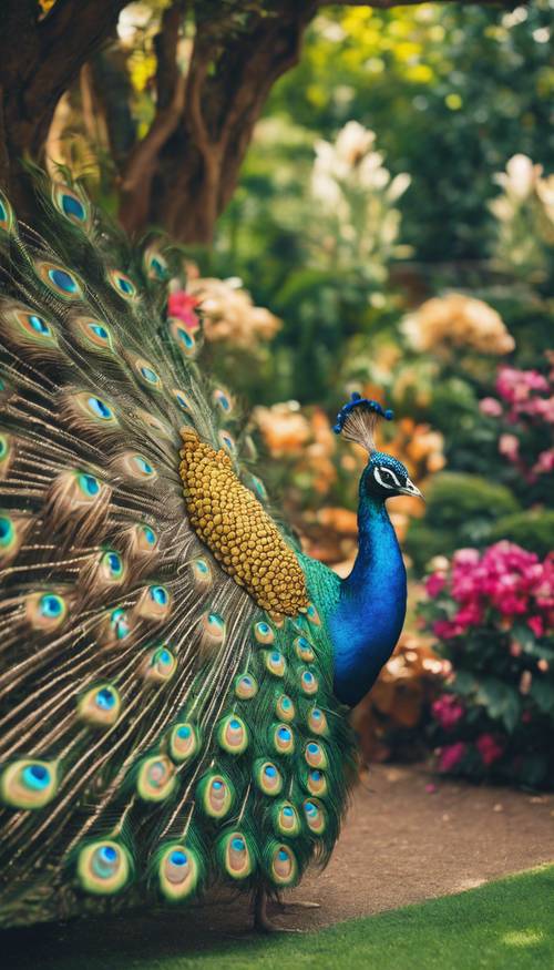 Yemyeşil, bakımlı bir bahçede canlı renk yelpazesini sergileyen gururlu bir tavus kuşu.