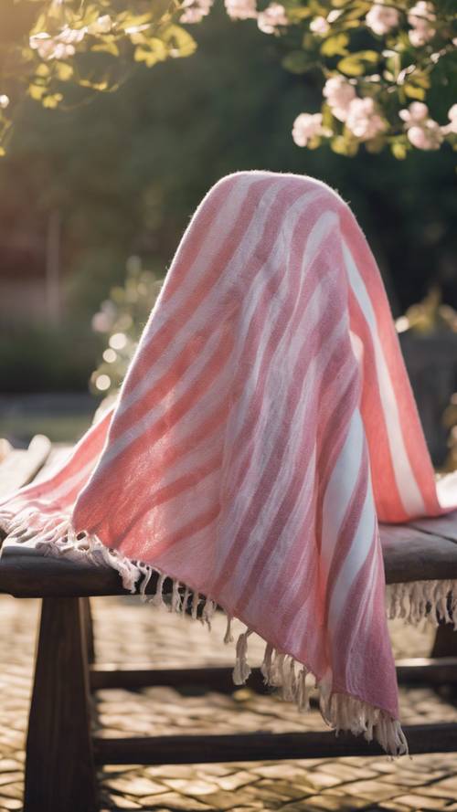 Một chiếc khăn choàng sọc hồng và trắng treo trên băng ghế trong vườn.
