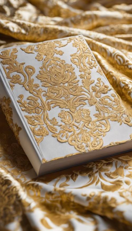 Un livre relié en tissu damassé flamboyant blanc et or.