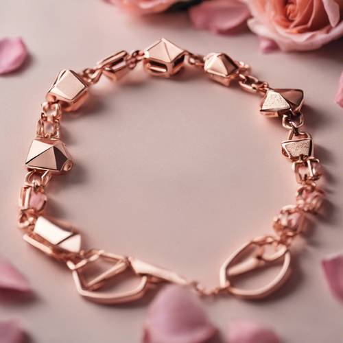 Uma delicada pulseira geométrica em ouro rosa apoiada em um leito de pétalas de rosa.