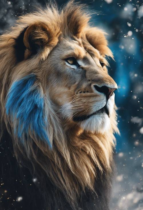 An elegant painting of a blue lion with a luxurious golden mane. Tapet [481f69c7672243748f37]