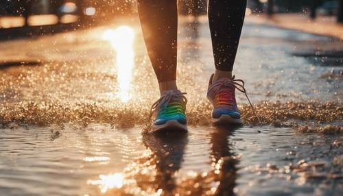 Una mujer deportista, trotando al amanecer en la ciudad, el sol dorado ilumina su camino mientras sus zapatillas de deporte de colores del arco iris salpican un charco.