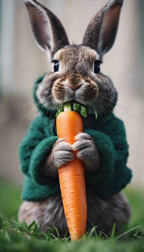 Um coelho fofo com pelo verde escuro comendo uma cenoura