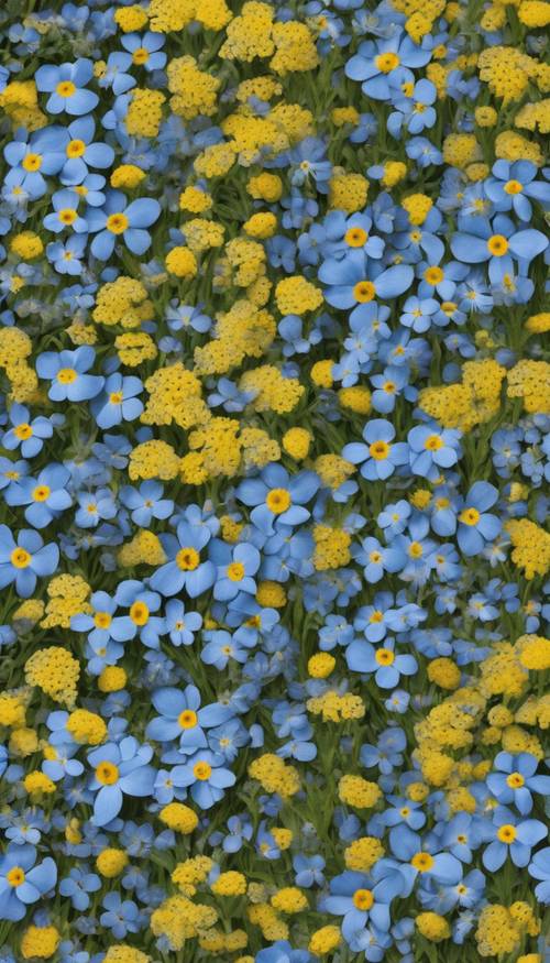 A whimsical floral pattern with blue forget-me-not and yellow buttercups.