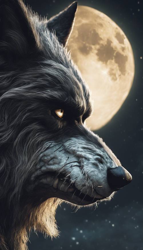 תקריב מפורט של פניו של איש זאב מתחת לירח מלא.