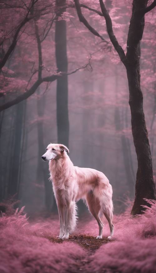 Borzoi merah muda yang anggun berdiri anggun di hutan berkabut yang diterangi cahaya bulan.