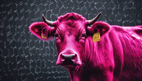 Cetakan sapi berwarna merah muda cerah kontras dengan latar belakang gelap dan murung dalam pola yang berkesinambungan.