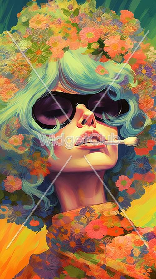 Colorful Pop Art Style Girl with Sunglasses and Lollipop