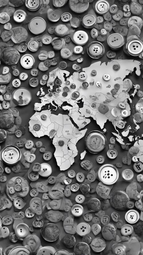 Mapa świata w skali szarości zaprojektowana przy użyciu przycisków o różnych rozmiarach i odcieniach szarości.