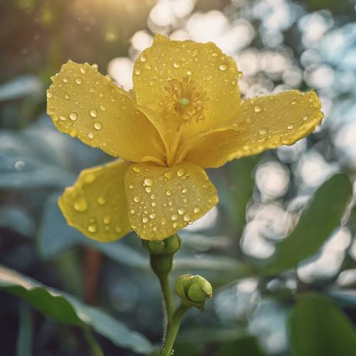 מראה נדיר של אילימה מנשקת טל, הפרח הצהוב של אואהו, מיד לאחר עלות השחר.