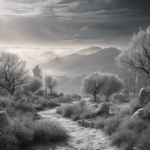 A fantasy world landscape in silver and gray hues.
