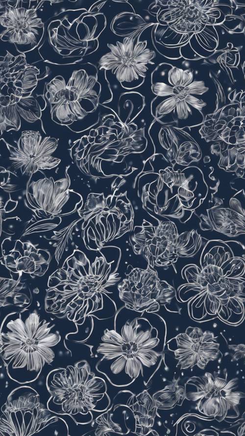 Print of a Lunar Navy Blue Floral Pattern etched in silver lines.