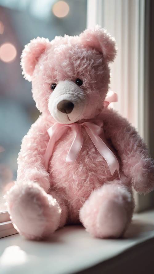 Um adorável ursinho de pelúcia rosa pastel sentado no parapeito de uma janela.