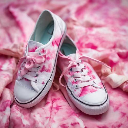 A pair of white canvas shoes with fresh pink tie-dye design on them.
