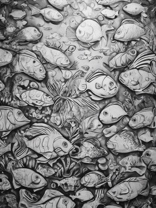 จิตรกรรมฝาผนังกราฟฟิตี้ขาวดำแสดงโลกใต้น้ำที่มีปลาหลากหลายชนิด