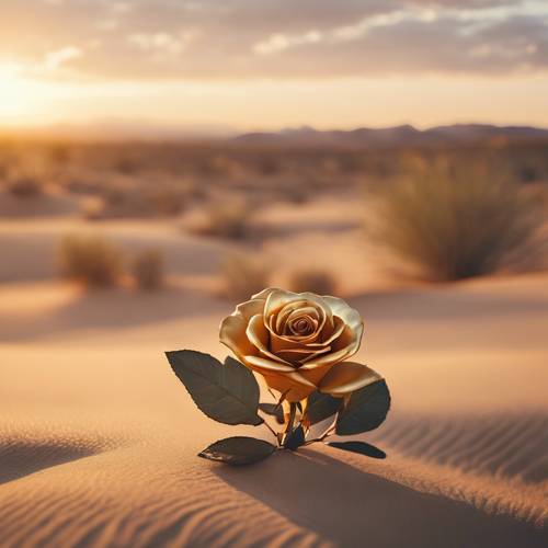 Un hermoso amanecer en el desierto con una rosa dorada que florece en soledad.