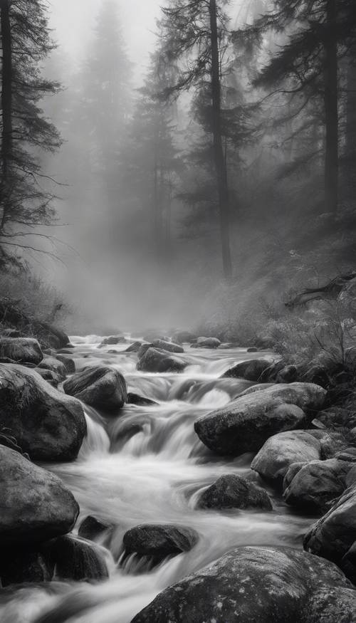 Potret hitam putih aliran sungai di hutan yang mengalir di bawah hamparan kabut dan kabut.