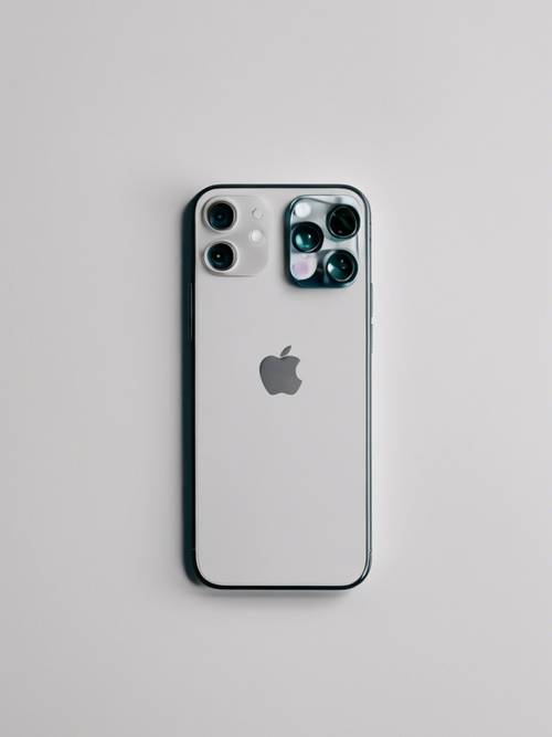 Minimalist beyaz bir masanın üzerinde duran iPhone 12 mini&#39;nin yukarıdan görünüşü.