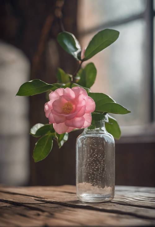 A camellia in a vintage glass bottle standing on a wooden table.