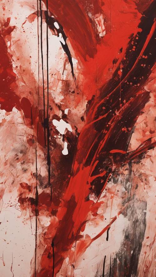 A red-toned mid-century modern abstract painting with bold random strokes.