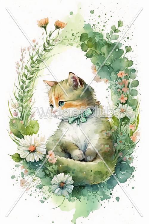 Cute Kitten in a Floral Circle