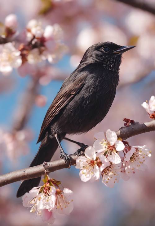 A black nightingale singing melodiously on a blossoming cherry tree during a pleasant spring afternoon.