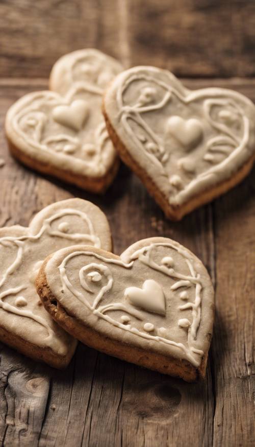 Dois biscoitos bege em forma de coração sobre uma mesa de madeira rústica.