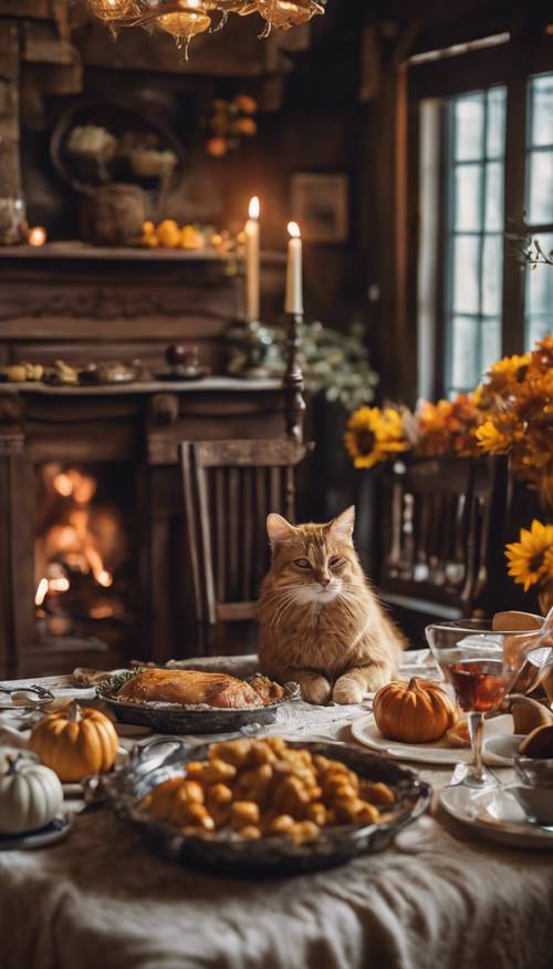 Uma aconchegante refeição de Ação de Graças em uma pequena casa de campo com um gato dormindo em uma cadeira de veludo.