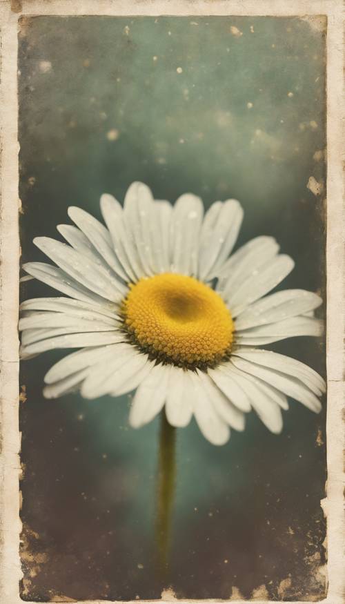 Um cartão postal vintage desbotado com uma única flor margarida retrô