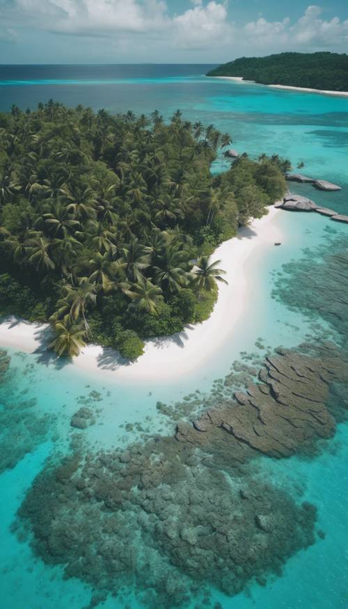 Vista superior de una hermosa isla tropical, rodeada de aguas cristalinas de color turquesa de un océano en calma.