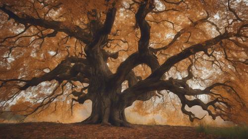 An old, wise tree standing strong against an autumn backdrop, with 'I stand tall through it all' etched into its bark.