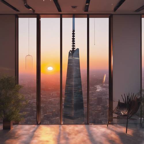 فن رقمي مضيء لغروب الشمس الكلاسيكي فوق برج زجاجي حديث.