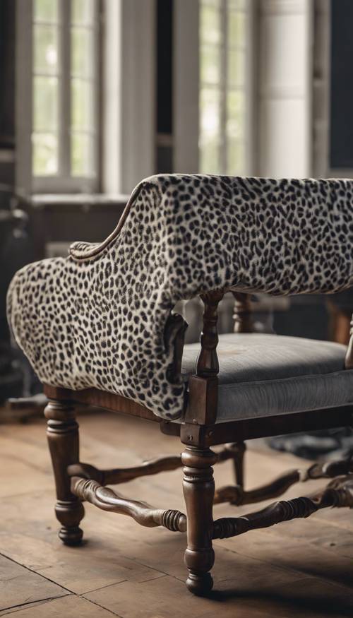 Obra de arte de la naturaleza expuesta como un estampado de guepardo gris extendido sobre el respaldo de una antigua silla de madera.