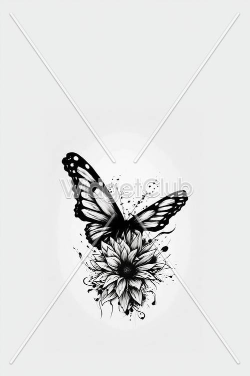Arte de dibujo de mariposas y flores.