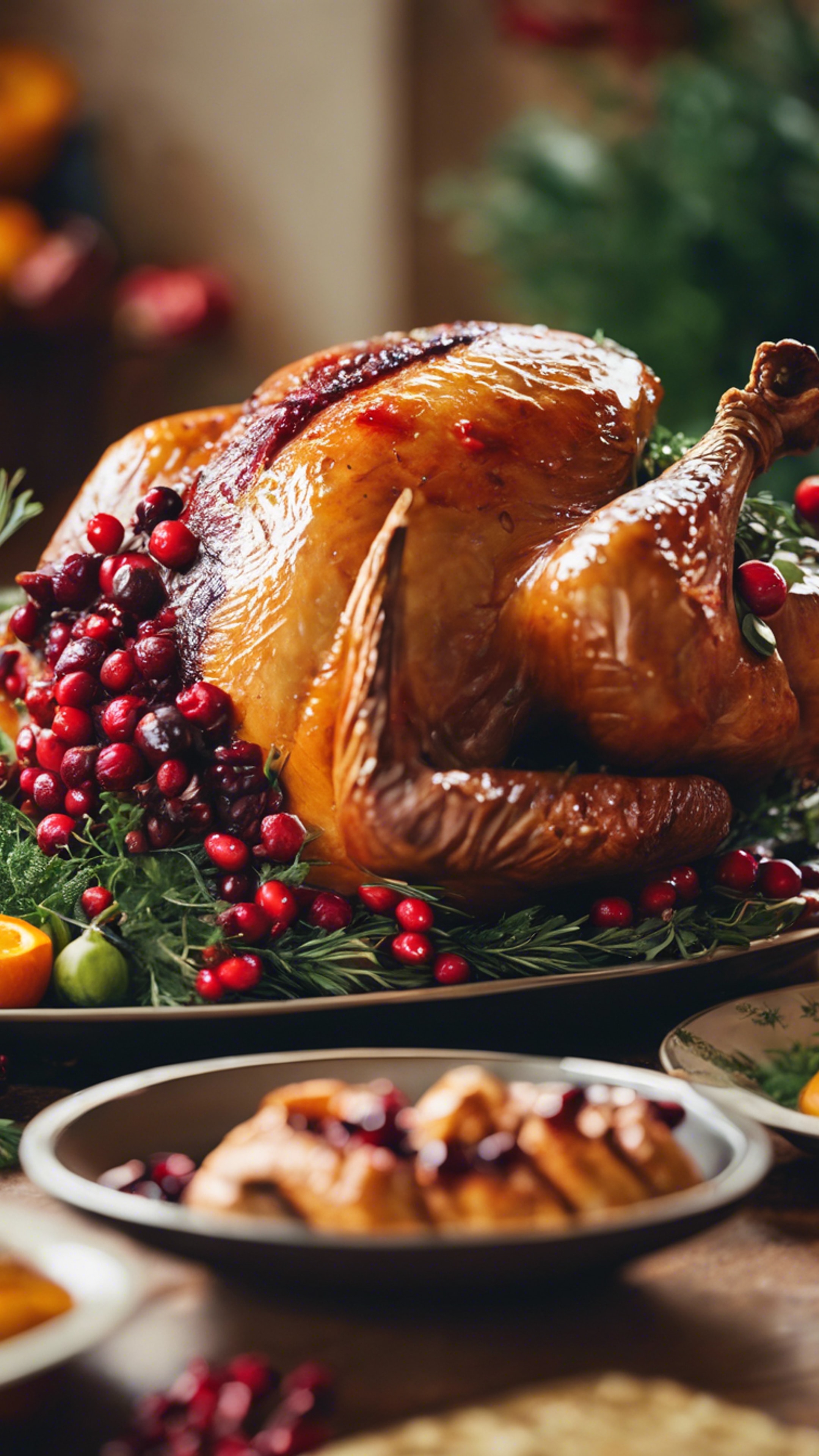 An artistic close-up of a traditional roast turkey on a Thanksgiving table, garnished with cranberries and herbs. Wallpaper[f7ada081b7d5471b890d]