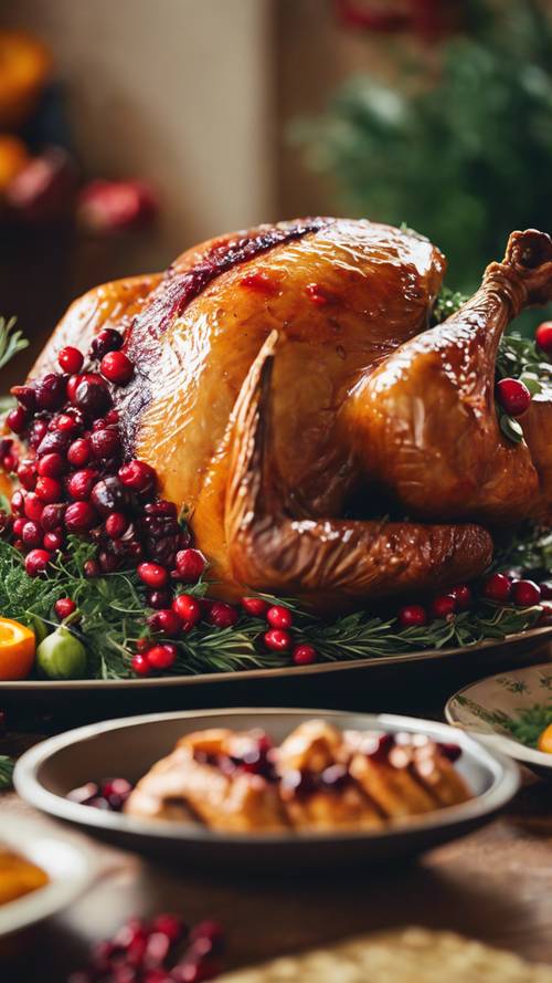 An artistic close-up of a traditional roast turkey on a Thanksgiving table, garnished with cranberries and herbs.