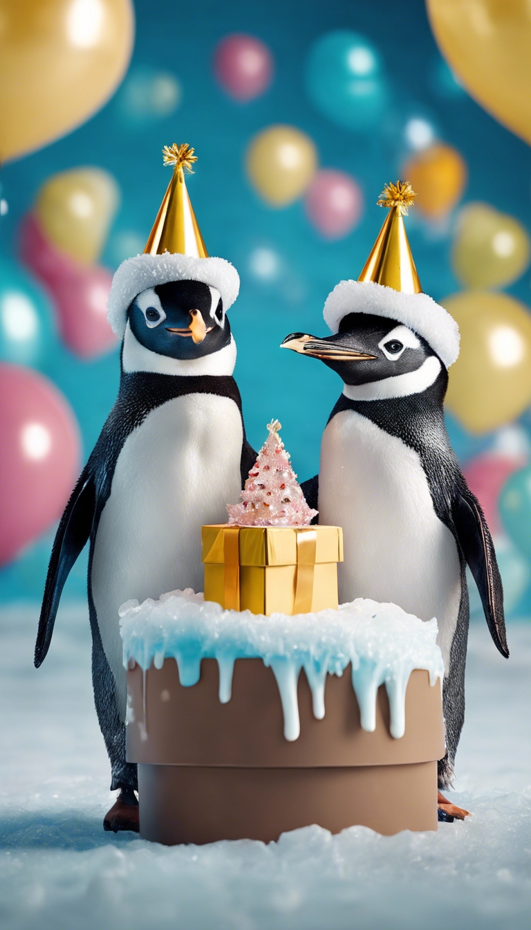 Two penguins wearing party hats, one holding a gift box, celebrating birthday on an ice float. Wallpaper[909ee21b8dc94832a7cf]