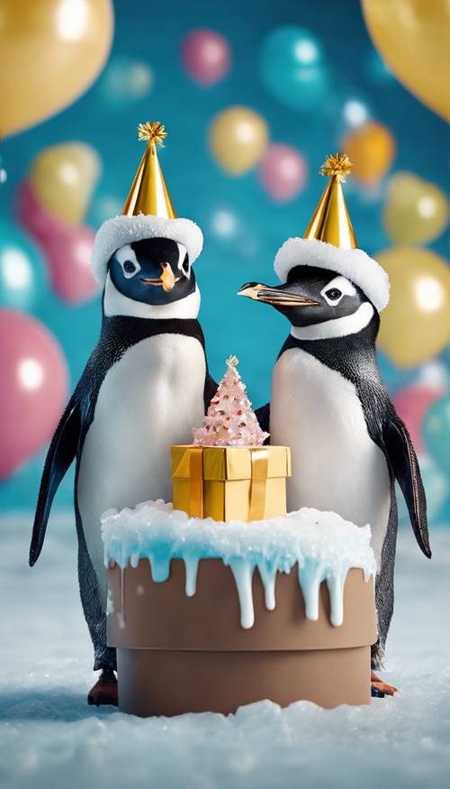 Two penguins wearing party hats, one holding a gift box, celebrating birthday on an ice float.
