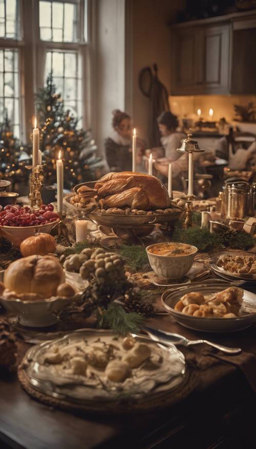 Una scena di cucina vittoriana raffigurante la preparazione di un banchetto natalizio, allietata dalla gioia del Natale.