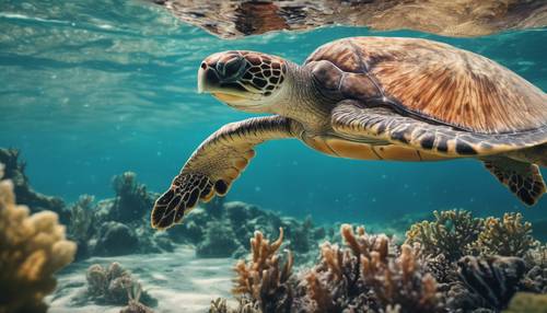A brave sea turtle swimming effortlessly near the seafloor of a tropical ocean, surrounded by different species of sea plants and creatures.