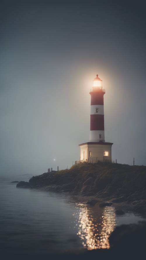 A lighthouse shining brightly amidst a foggy night within a dream world.
