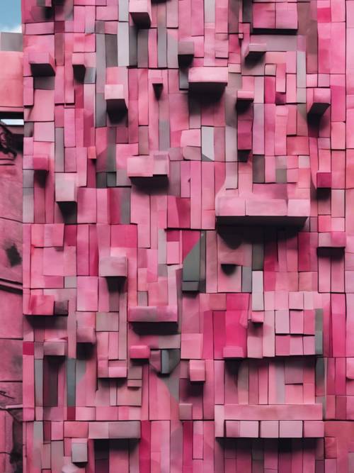Живой геометрический кубистический узор, окрашенный в печальные оттенки розового, на стене современного музея.