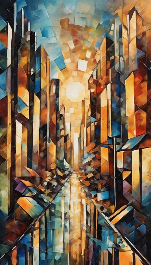 Abstract cubist painting of a cityscape at twilight.