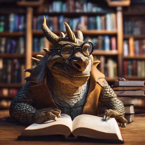 דרקון ספרותי קורא רומנים עבים משקפי ראייה יושבים על חוטמו, בספרייה נעימה.