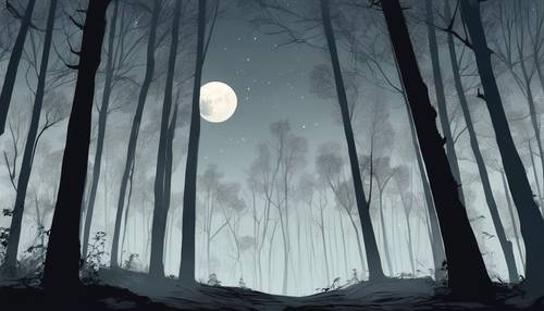 Minimalistyczny szkic lasu oświetlonego księżycem ze srebrem oświetlającym sylwetki wysokich drzew.
