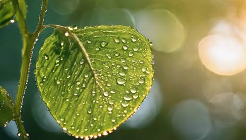 A close-up of a dew-kissed, green leaf reflecting a golden morning sunrise. Tapet [6da100fc60e949ad8874]