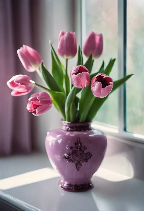 Tulip merah muda tumbuh dari vas antik berwarna ungu yang dihias di ambang jendela yang cerah.