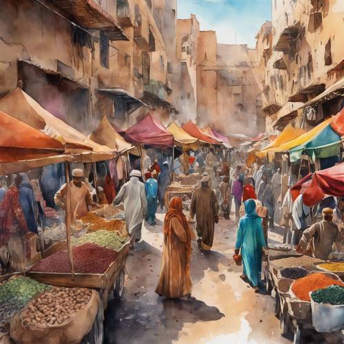 Dipinto ad acquerello di un affollato mercato marocchino pieno di spezie vivaci, tessuti colorati e gente vivace.