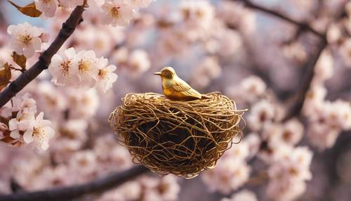A gold bird's nest hidden amongst the gold leaves of a cherry blossom tree.